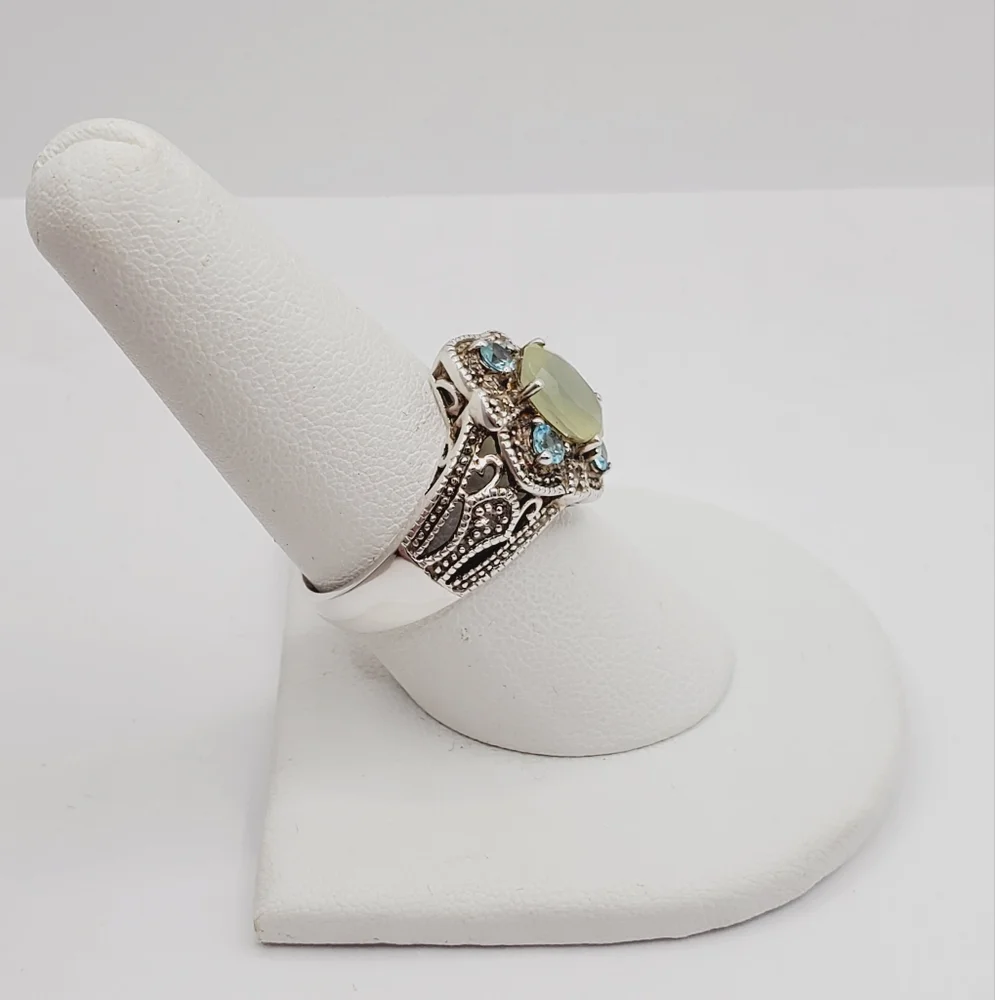 Apatite - White Topaz & Chalcedony 925 Sterling Silver Milgrain Design Ring